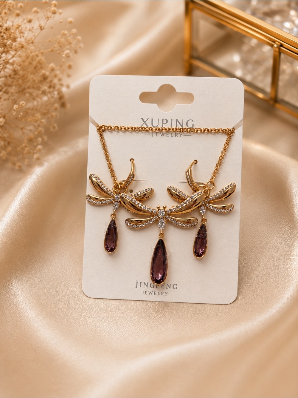 18K Gold Plated Dragonfly Necklace & Earrings Set – Purple Crystal